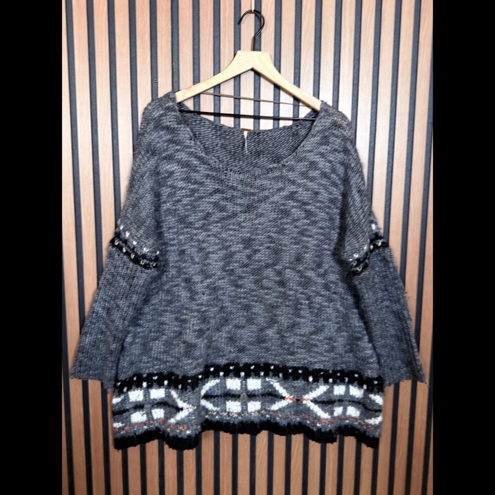Free People Sweater Medium Gray Mohair Wool Open Weave Oversized Arrow Gray